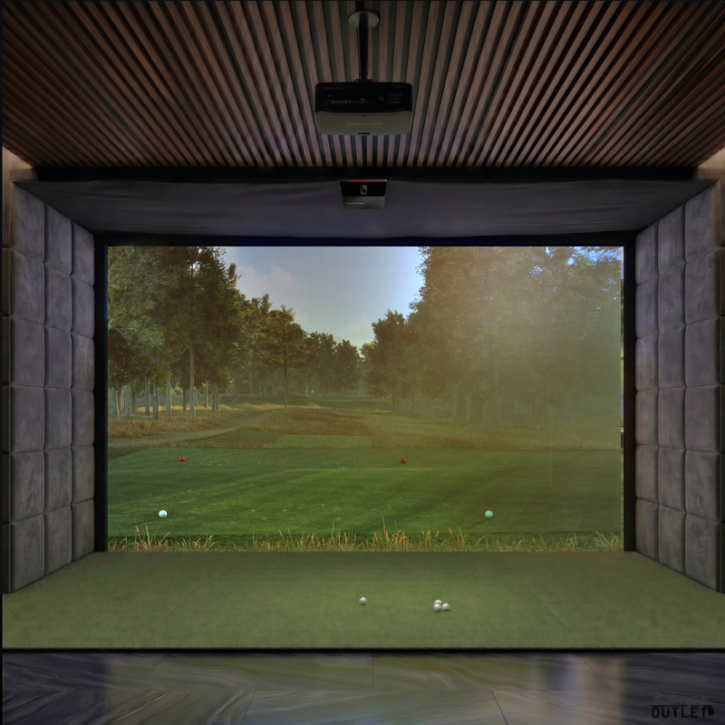 Trackman iO Home Complete custom installed golf simulator room with velvet wall padding and mesh ceiling.