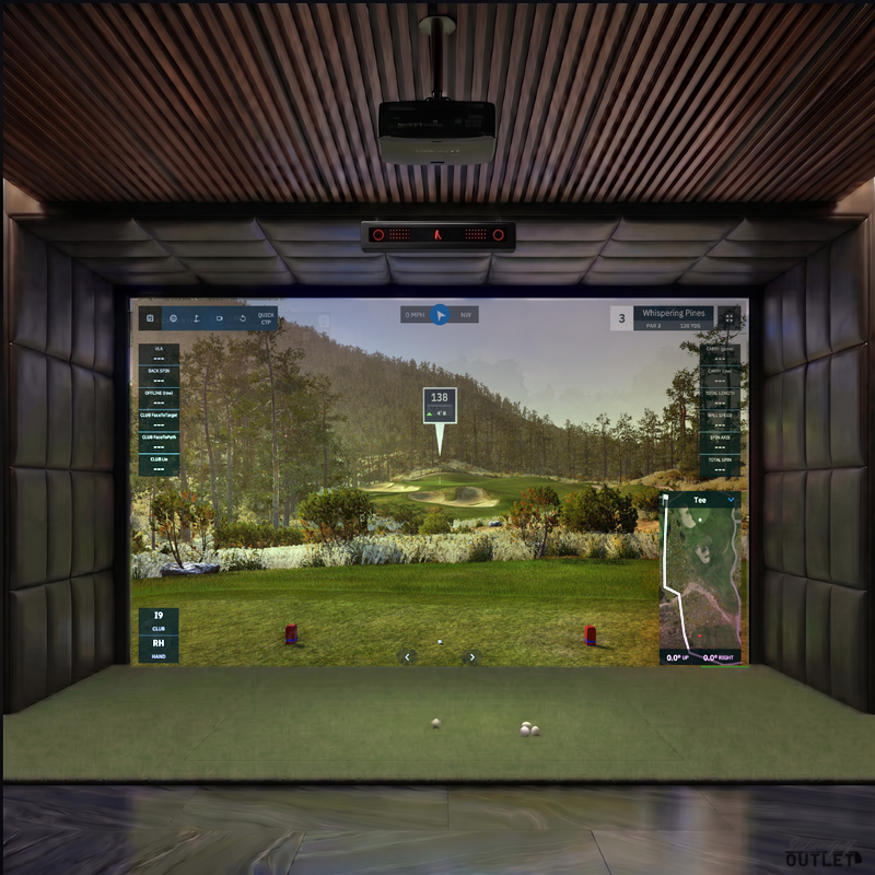 VTrack custom installed golf simulator room with leatherette wall and ceiling padding.